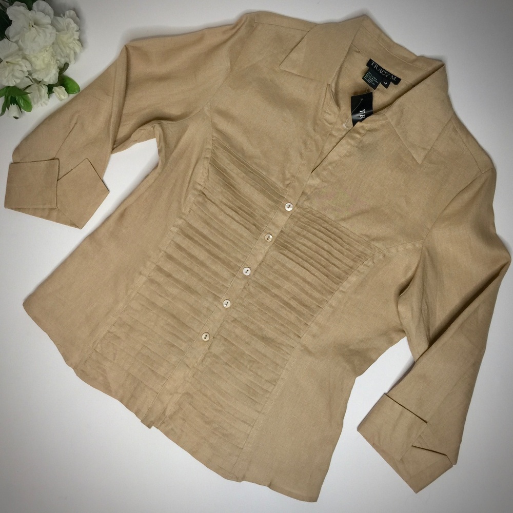 NEW Tracy M Linen Blouse Top Size M Tan 3/4 Sleeve